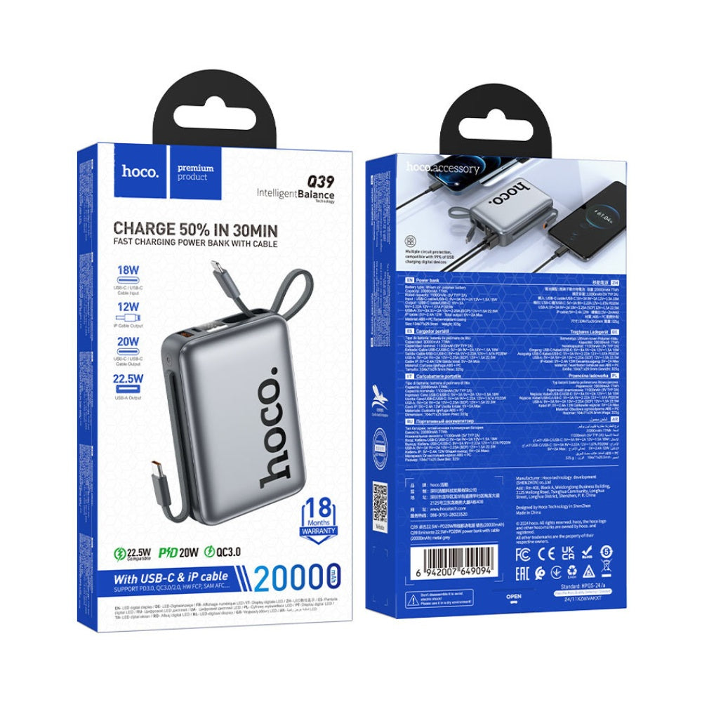 Hoco 18W Power Bank 20000mAh Built-in Cable Q39