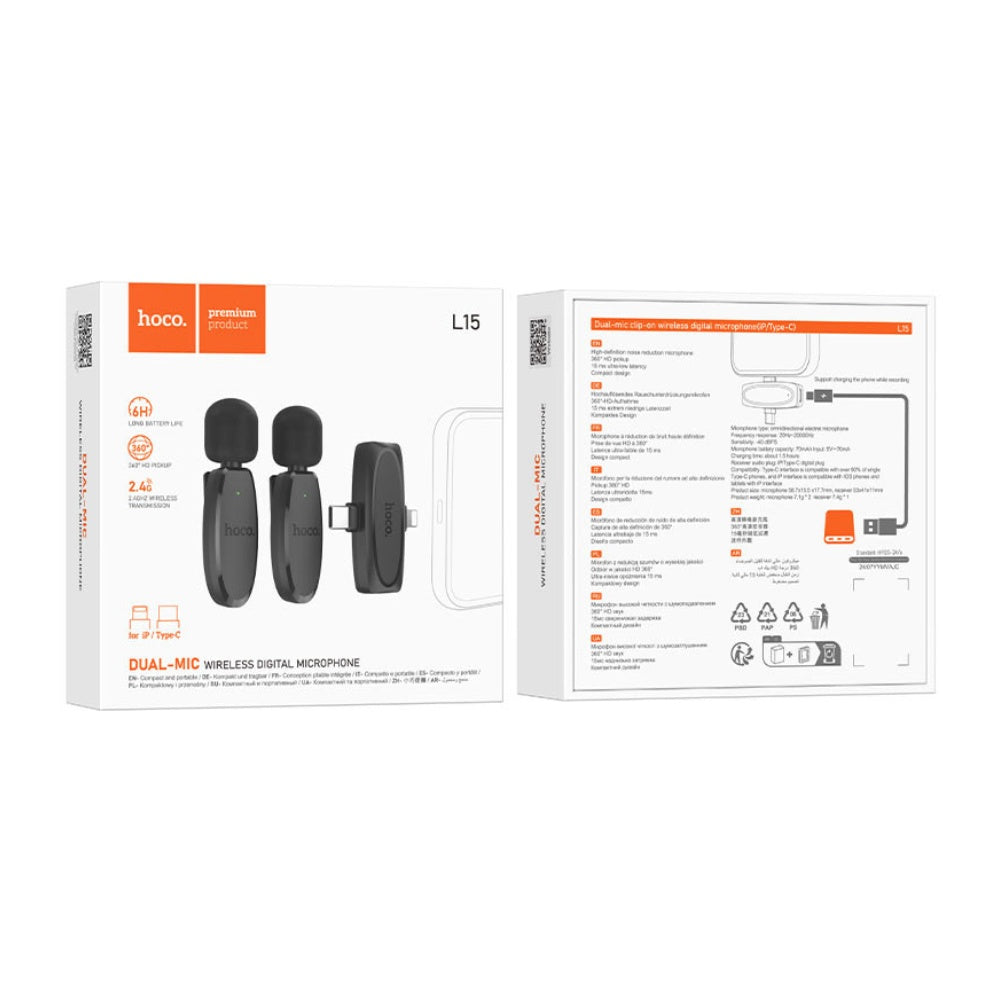 Hoco L15 Dual Wireless Microphone Clip-ON Lightning and USB-C