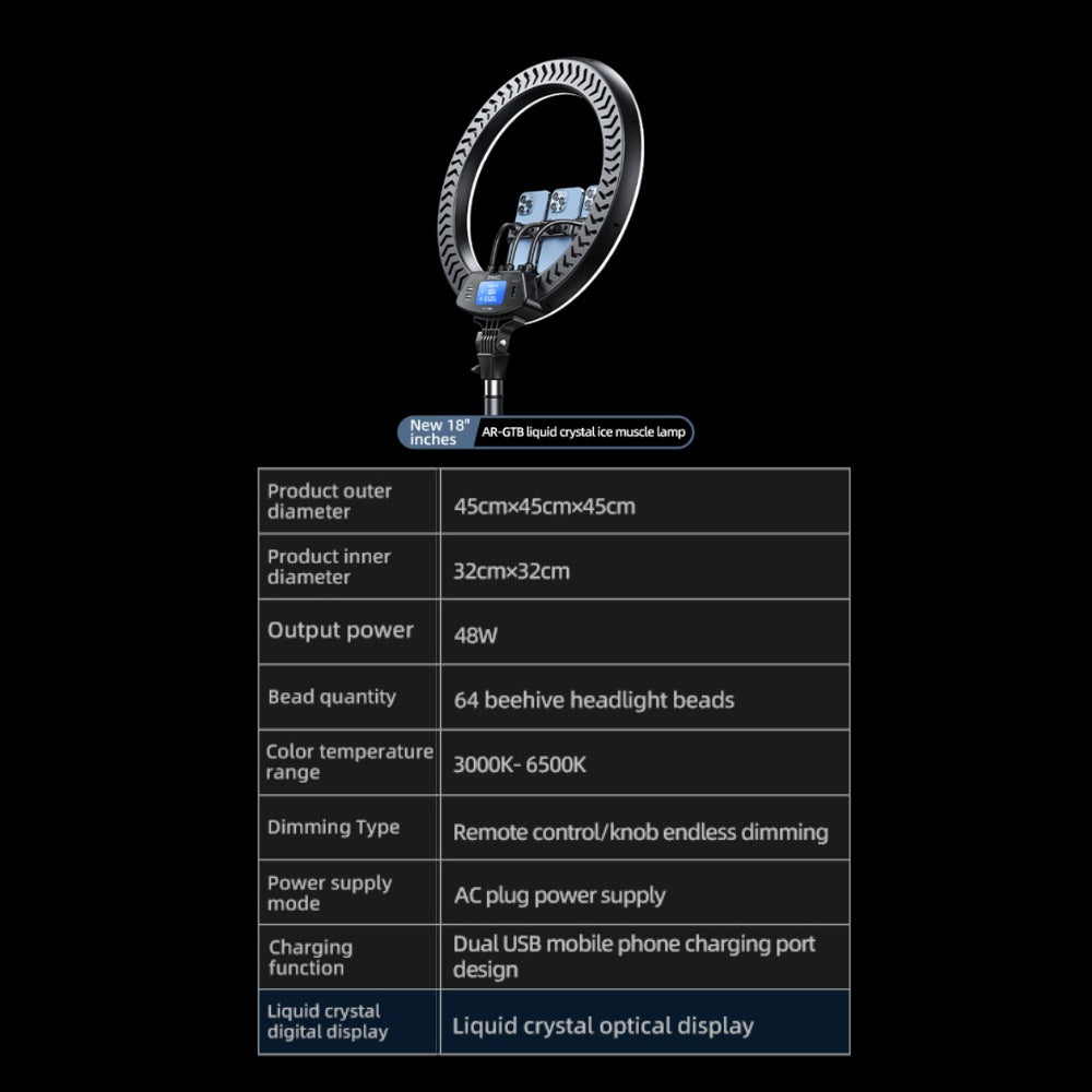 Rtako 18-inch Ring Light with 3 Phone Holder