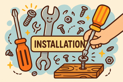 Cartoon illustration showing installation tools and process