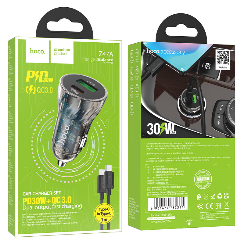 hoco z47a transparent discovery edition pd30w qc3 car charger set tc tc packaging transparent black